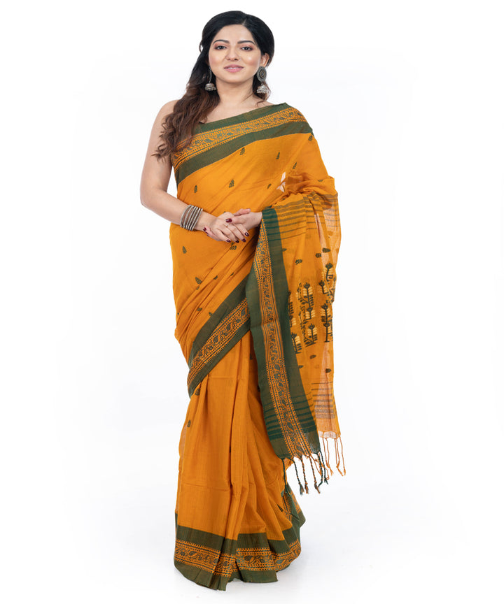 Yellow green handwoven cotton tangail saree