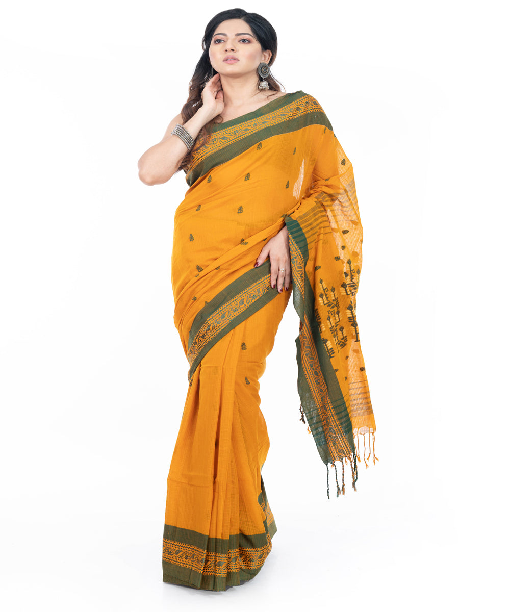 Yellow green handwoven cotton tangail saree