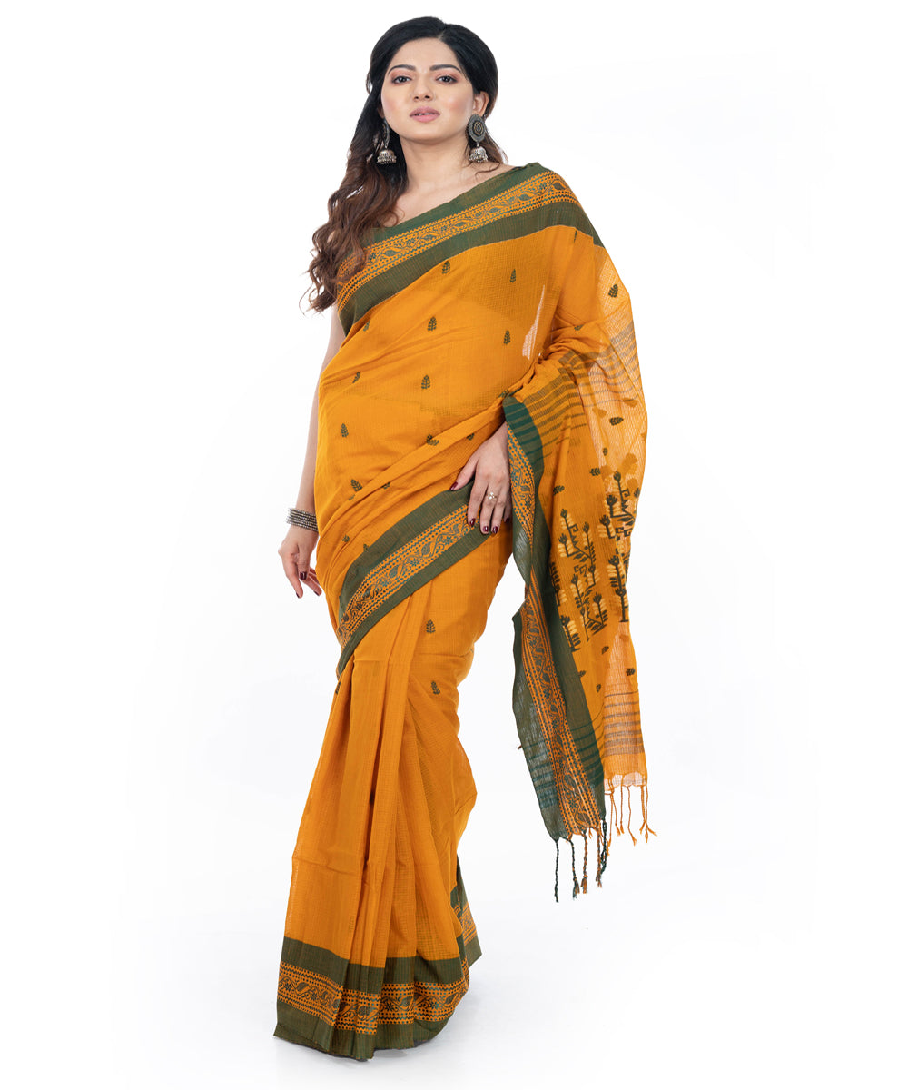 Yellow green handwoven cotton tangail saree