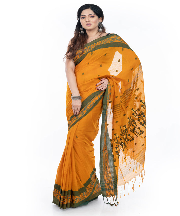 Yellow green handwoven cotton tangail saree