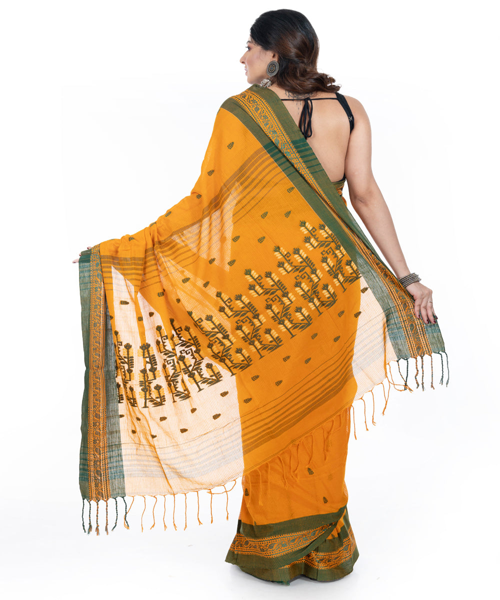 Yellow green handwoven cotton tangail saree