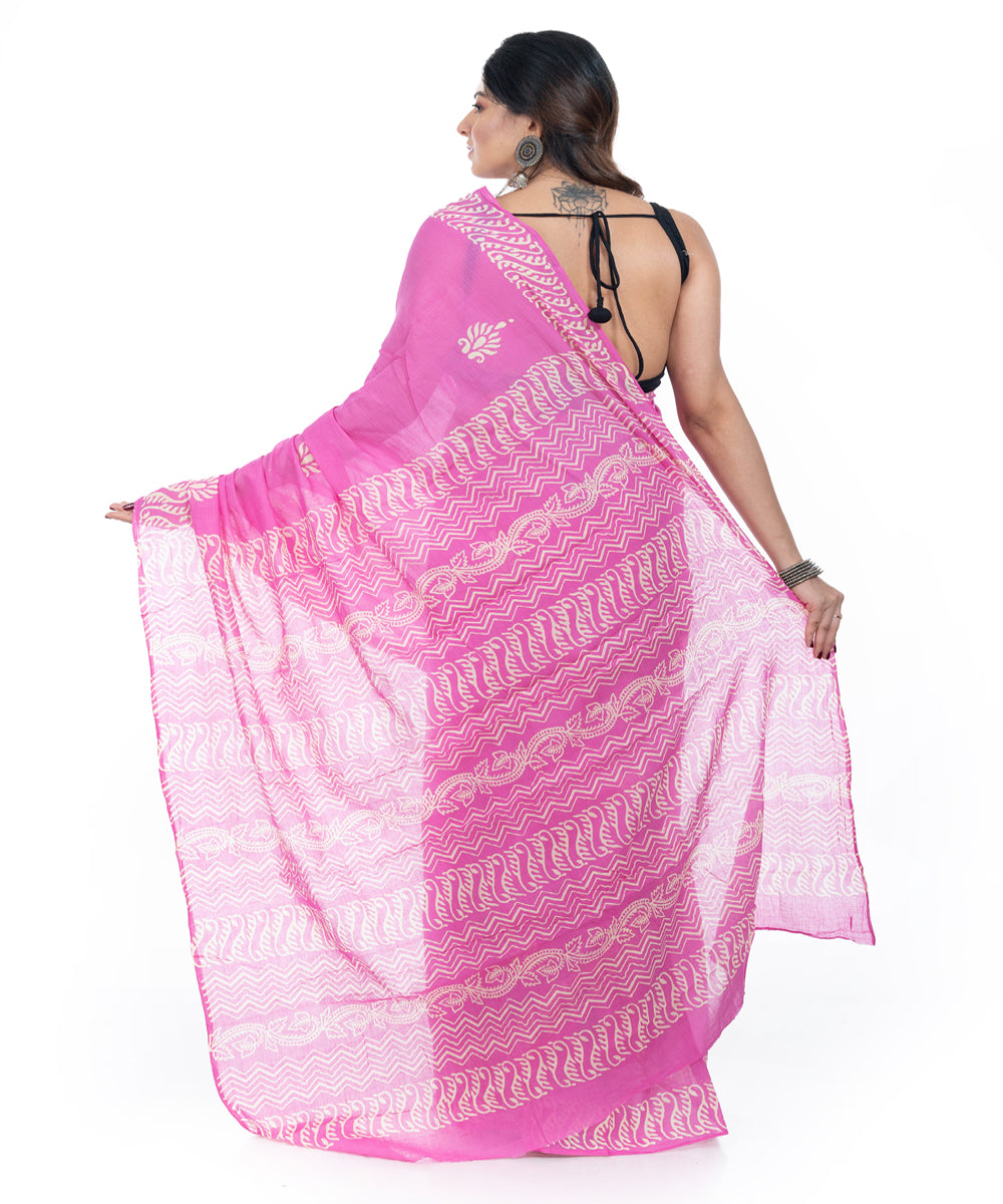 Pink handblock printed handwoven cotton saree