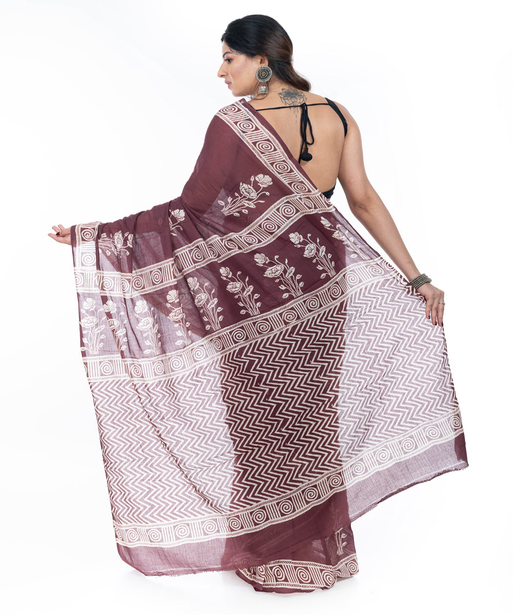Brown handblock printed handwoven cotton tangail saree