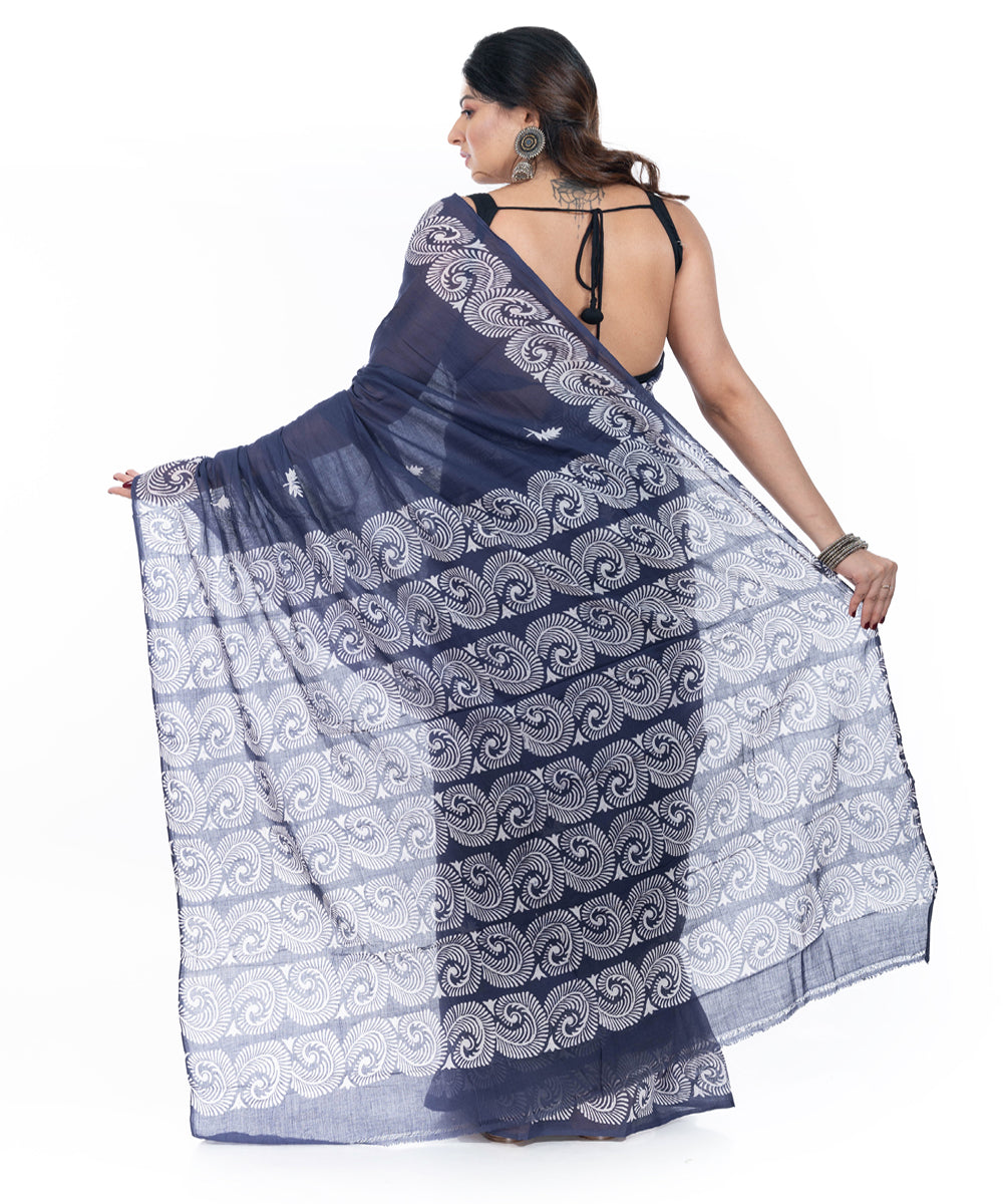 Blue handblock printed handwoven cotton saree