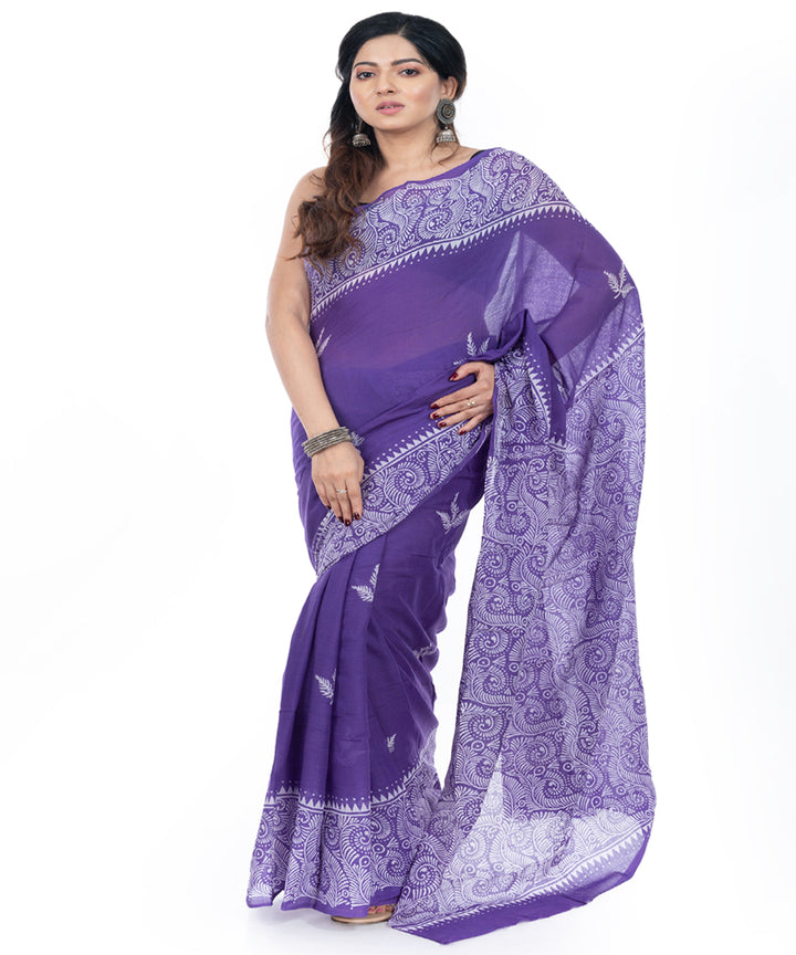 Violet handblock printed handwoven cotton saree