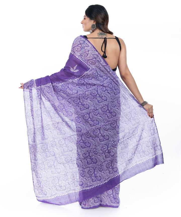Violet handblock printed handwoven cotton saree