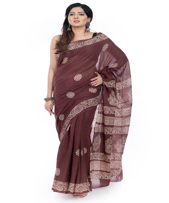 Coffee brown handblock printed handwoven cotton saree