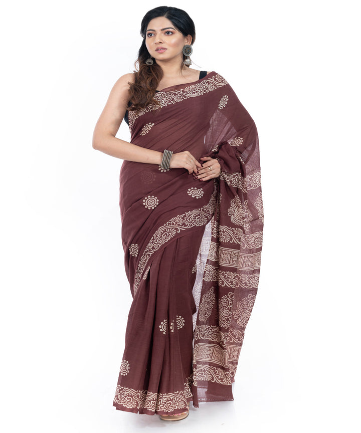 Coffee brown handblock printed handwoven cotton saree