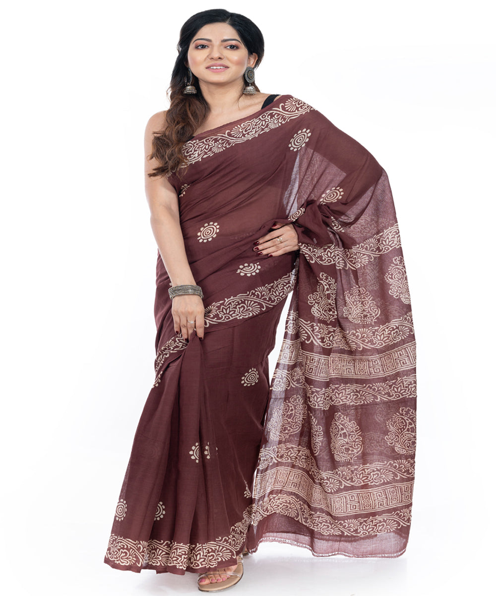 Coffee brown handblock printed handwoven cotton saree