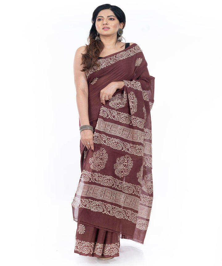 Coffee brown handblock printed handwoven cotton saree