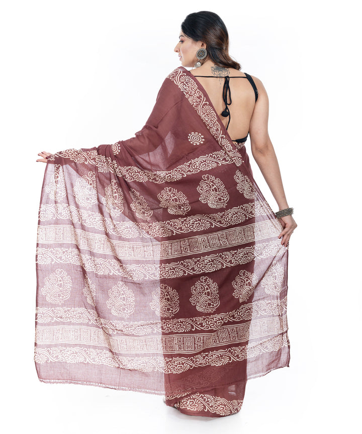 Coffee brown handblock printed handwoven cotton saree