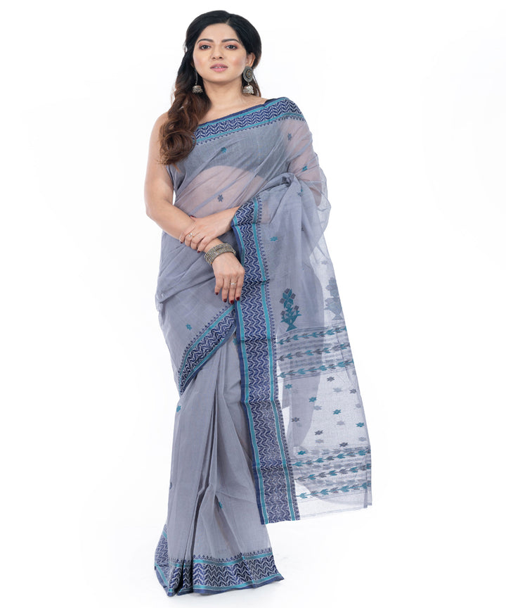 Grey handwoven cotton tangail saree