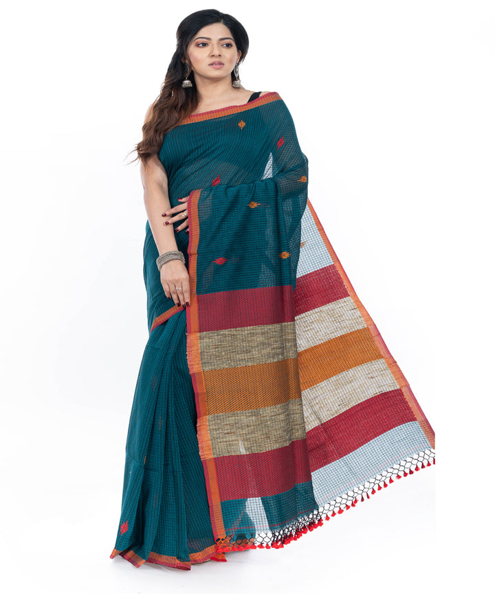 Green with multicolor pallu handwoven cotton tangail saree