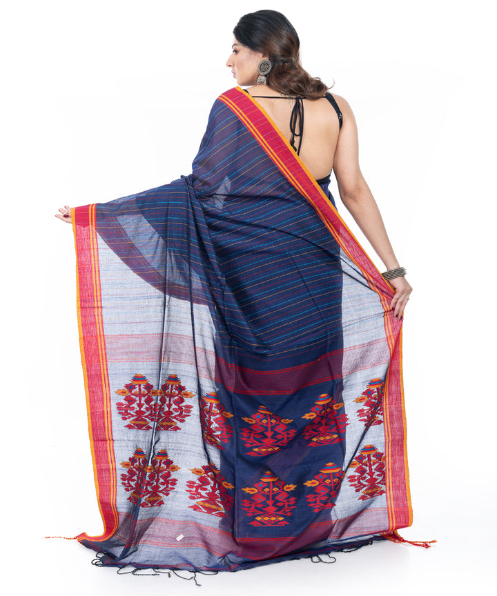 Navy blue red border handwoven cotton tangail saree