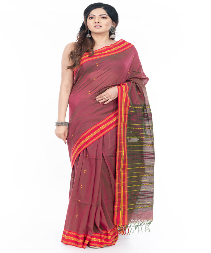 Maroon with red border handwoven cotton tangail saree