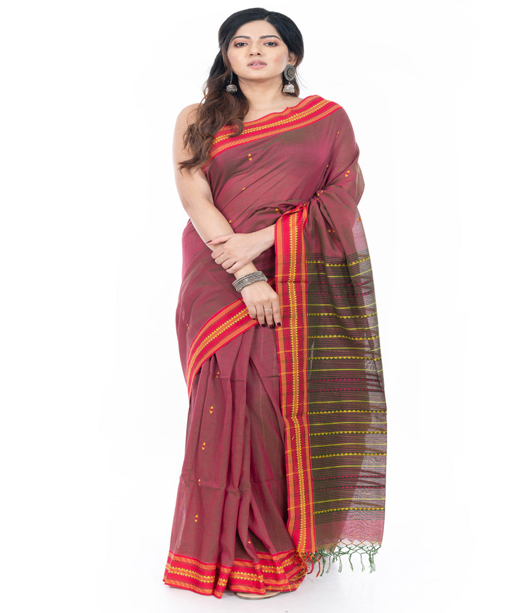 Maroon with red border handwoven cotton tangail saree