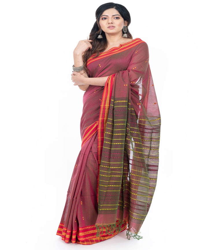 Maroon with red border handwoven cotton tangail saree