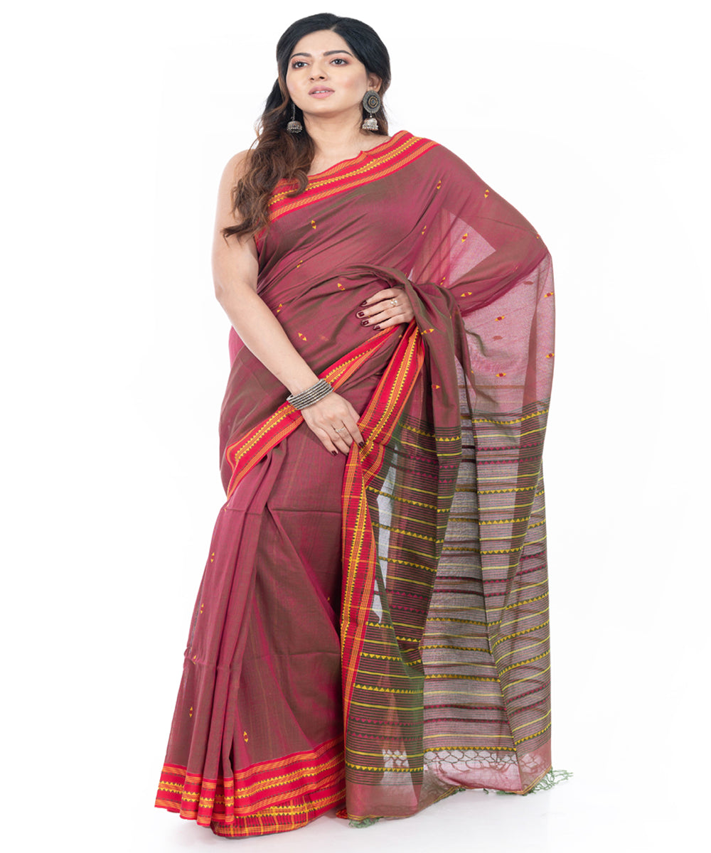 Maroon with red border handwoven cotton tangail saree