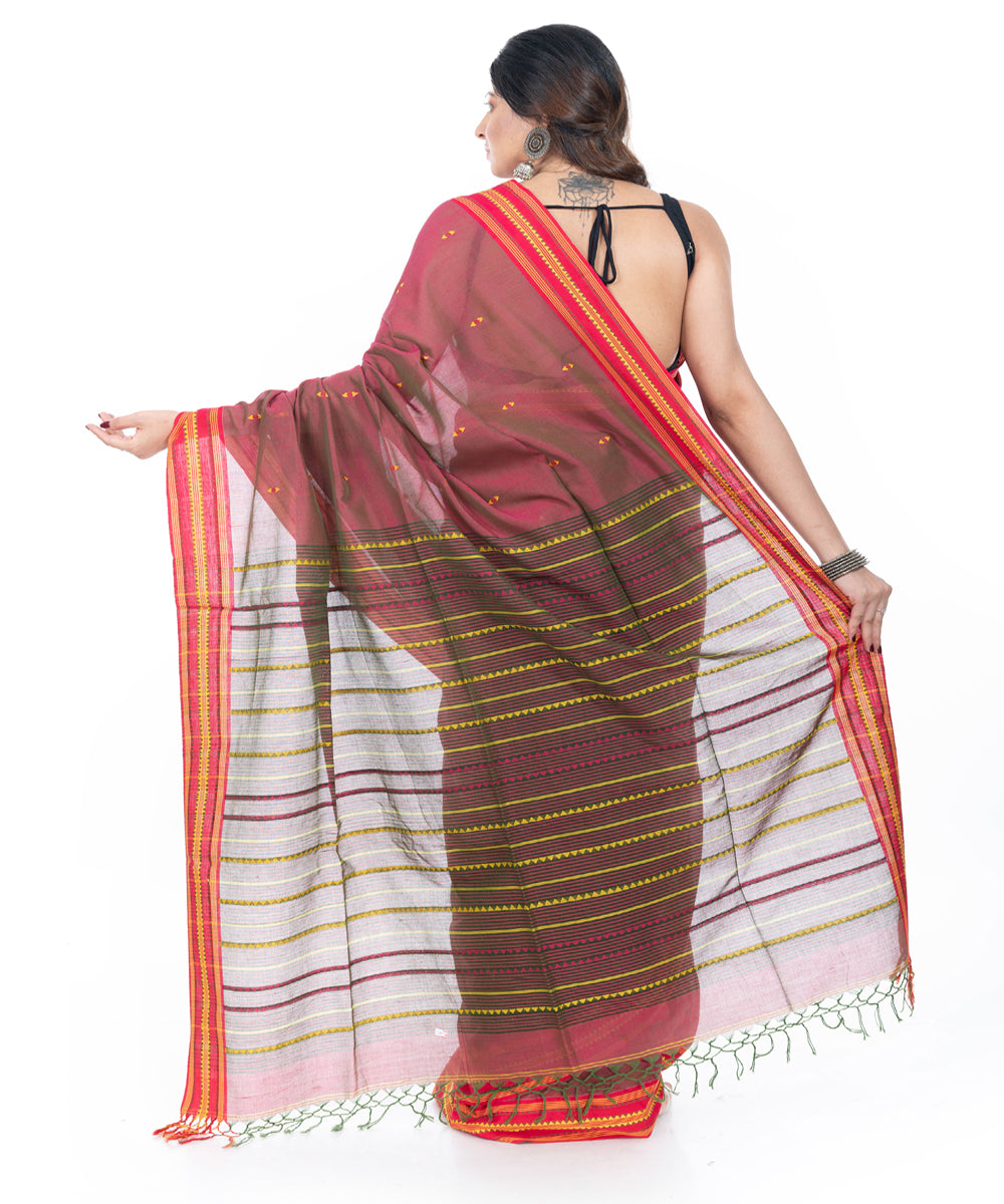 Maroon with red border handwoven cotton tangail saree