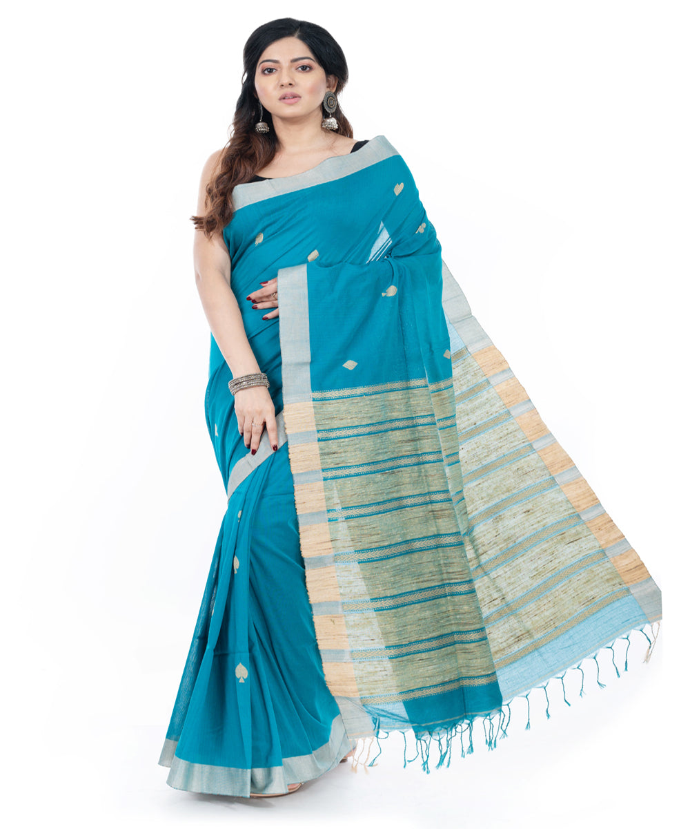 Cyan blue handwoven cotton tangail saree