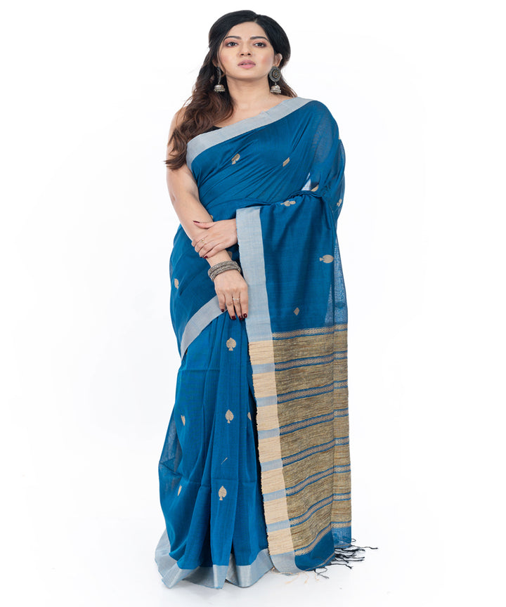 Sky blue with offwhite border handwoven cotton tangail saree