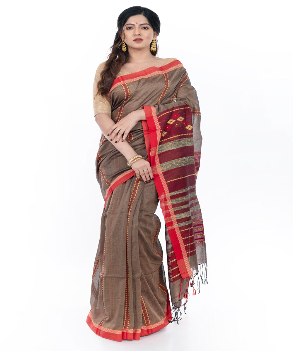 Grey red handwoven cotton tangail saree