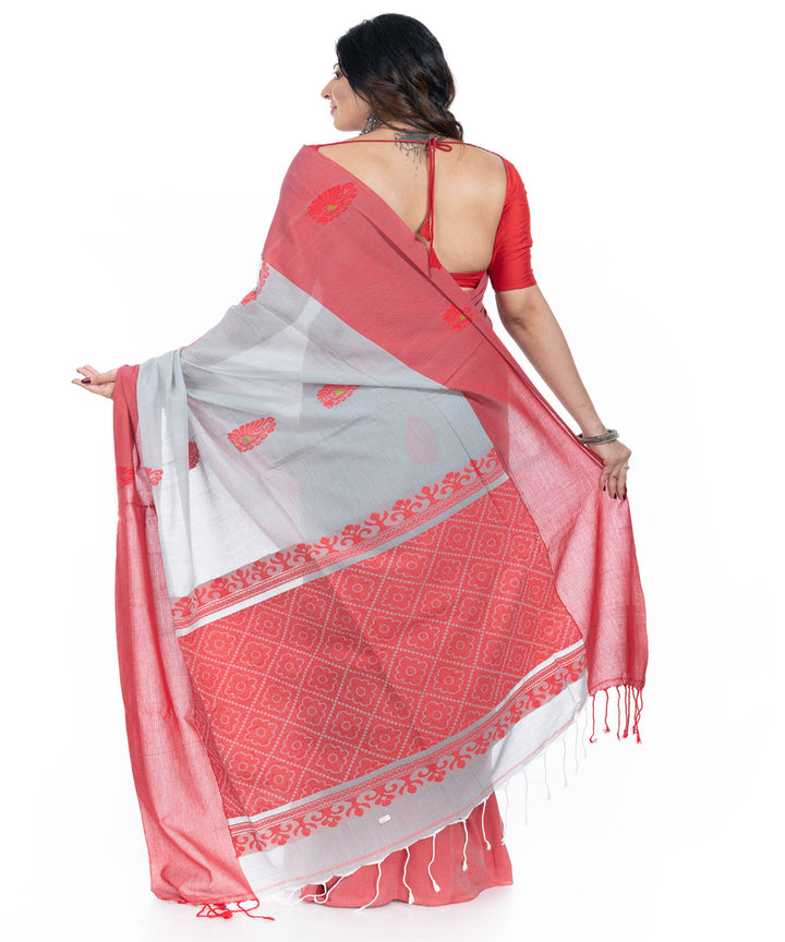 Grey red handwoven cotton tangail saree