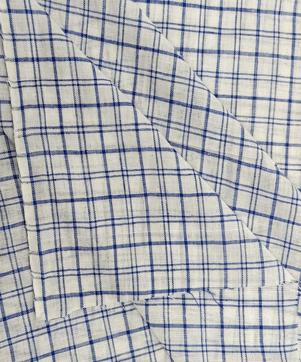Off white blue checks handwoven cotton fabric
