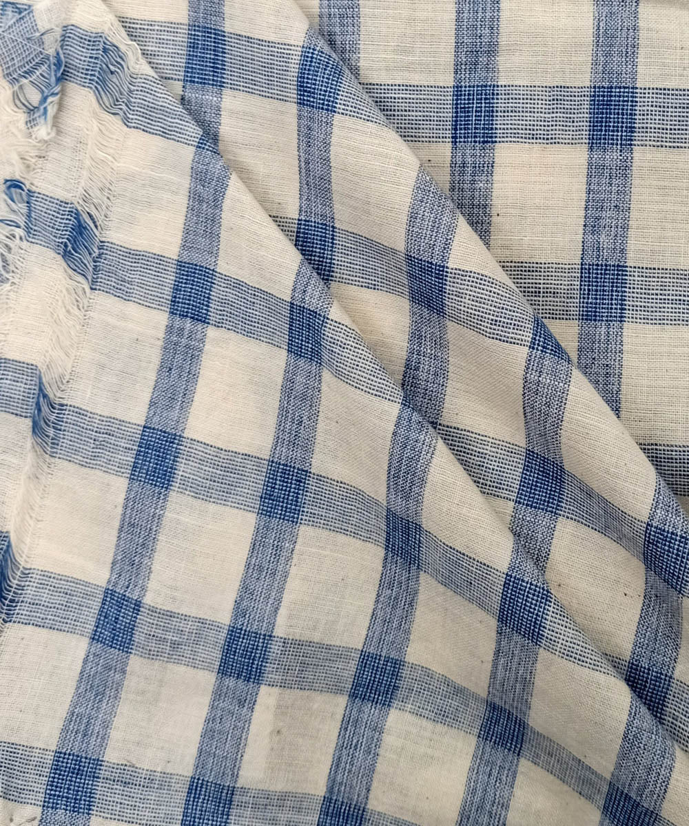 Off white navy blue checks handwoven cotton fabric