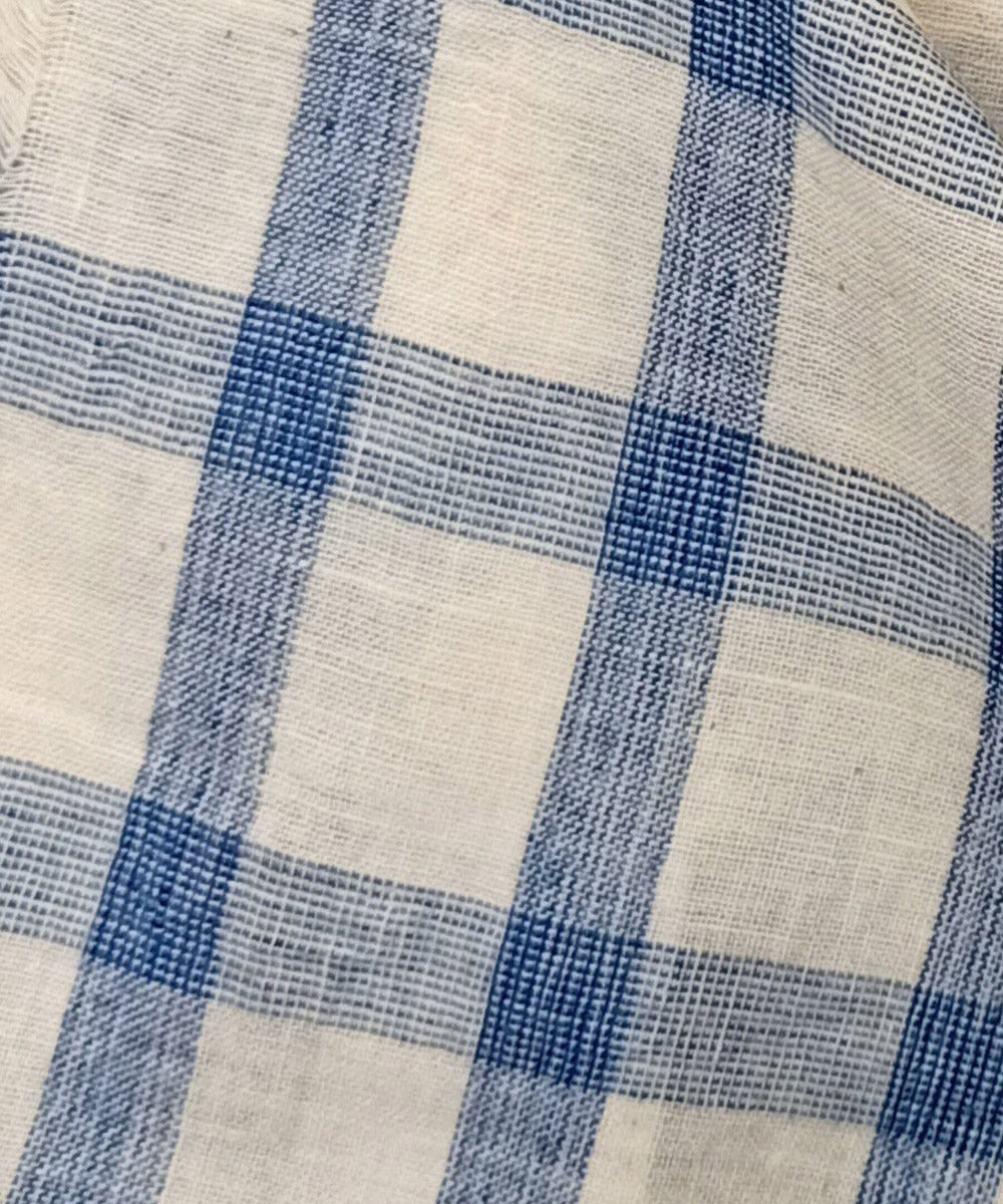 Off white navy blue checks handwoven cotton fabric