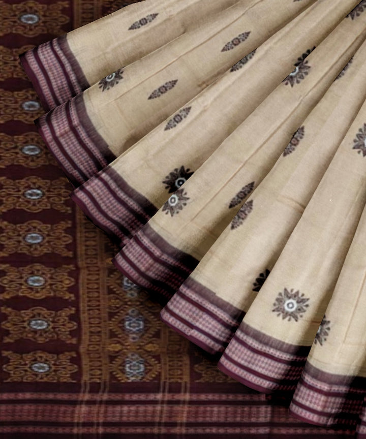 Beige maroon cotton handwoven bomkai saree