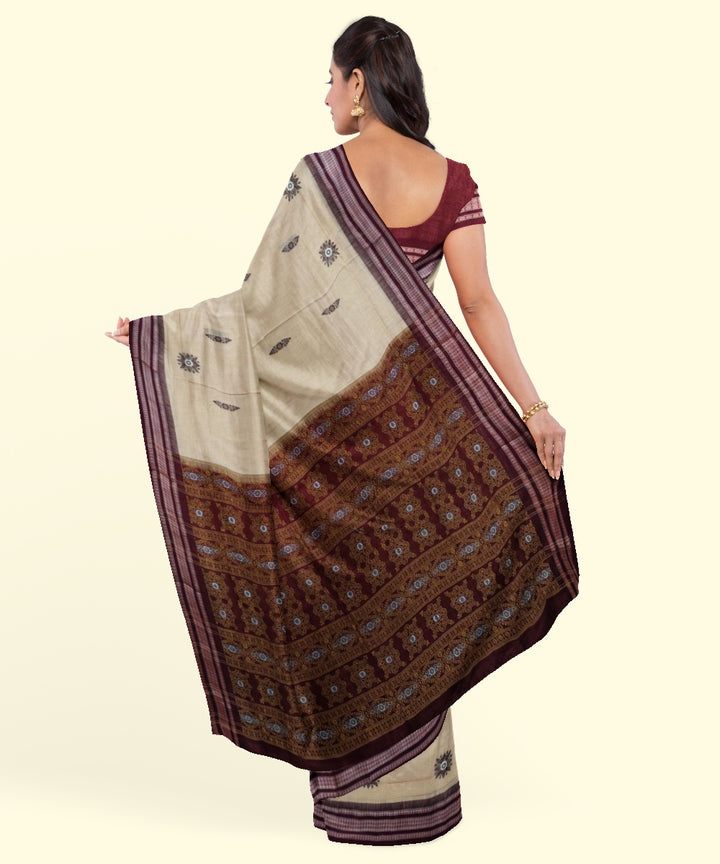 Beige maroon cotton handwoven bomkai saree
