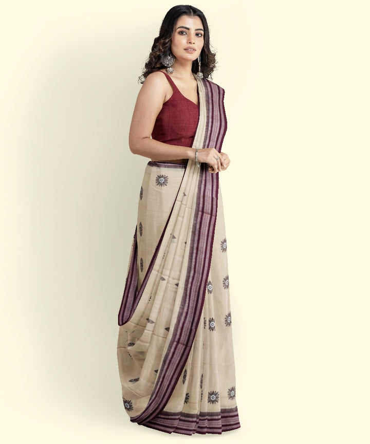 Beige maroon cotton handwoven bomkai saree