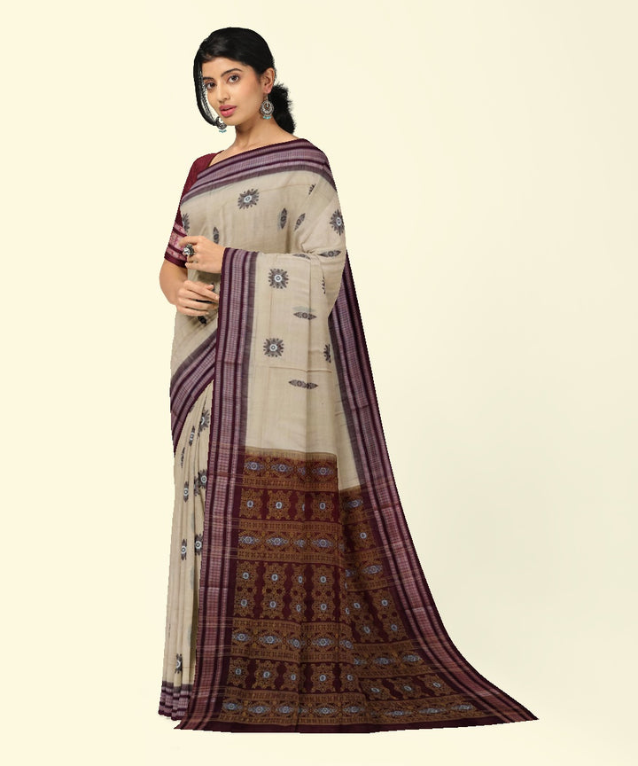Beige maroon cotton handwoven bomkai saree