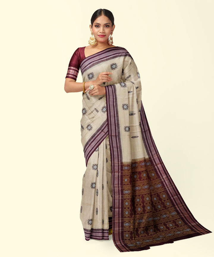 Beige maroon cotton handwoven bomkai saree
