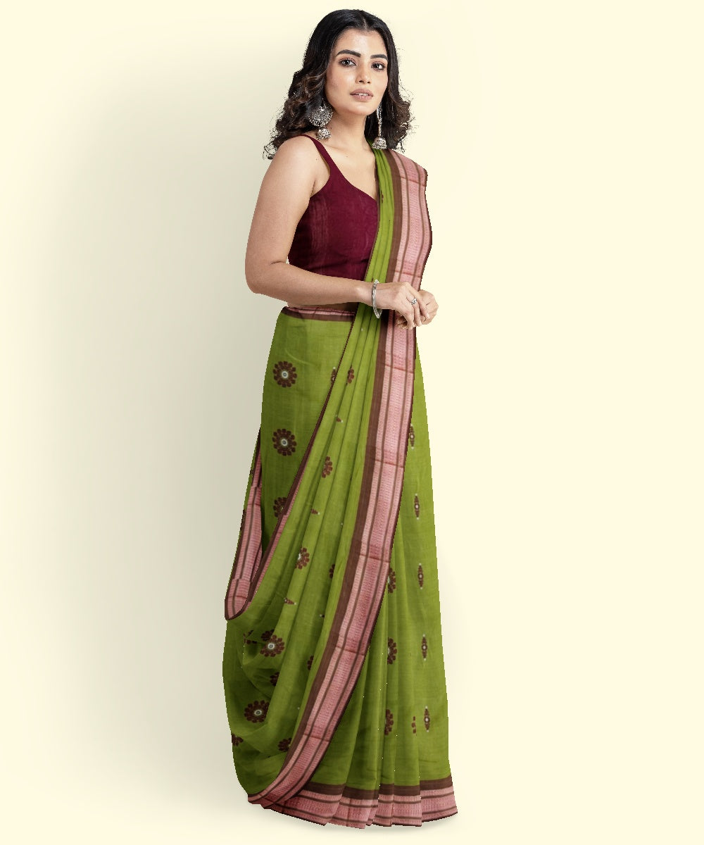Olive green maroon cotton handwoven bomkai saree