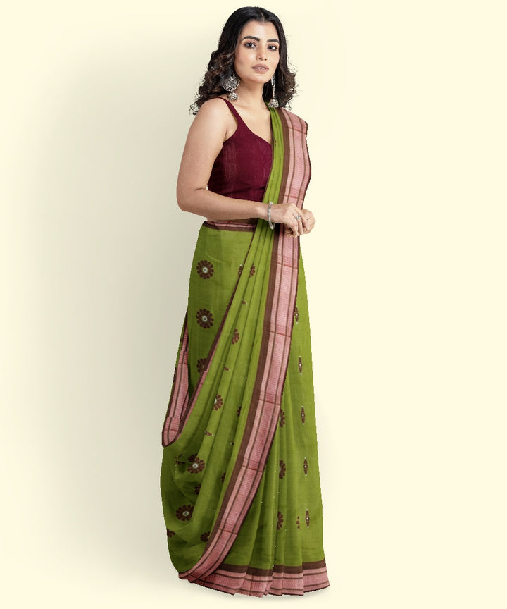 Olive green maroon cotton handwoven bomkai saree