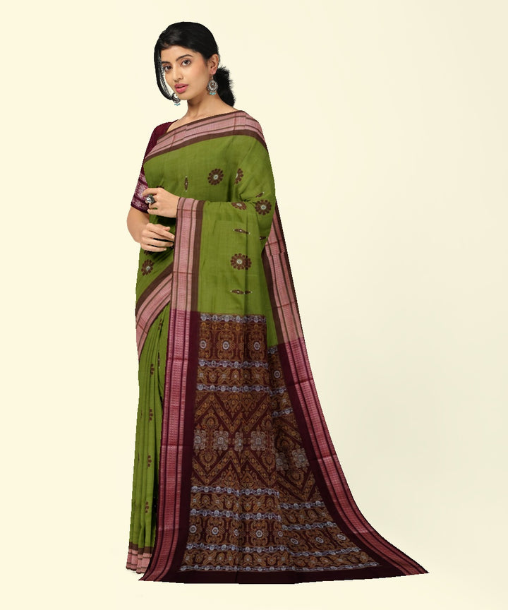 Olive green maroon cotton handwoven bomkai saree