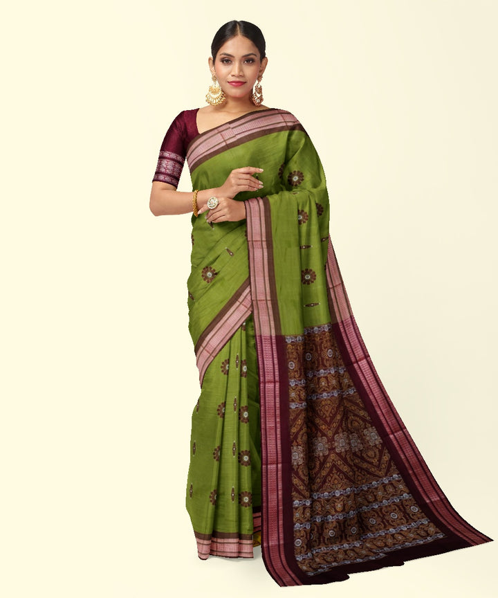 Olive green maroon cotton handwoven bomkai saree