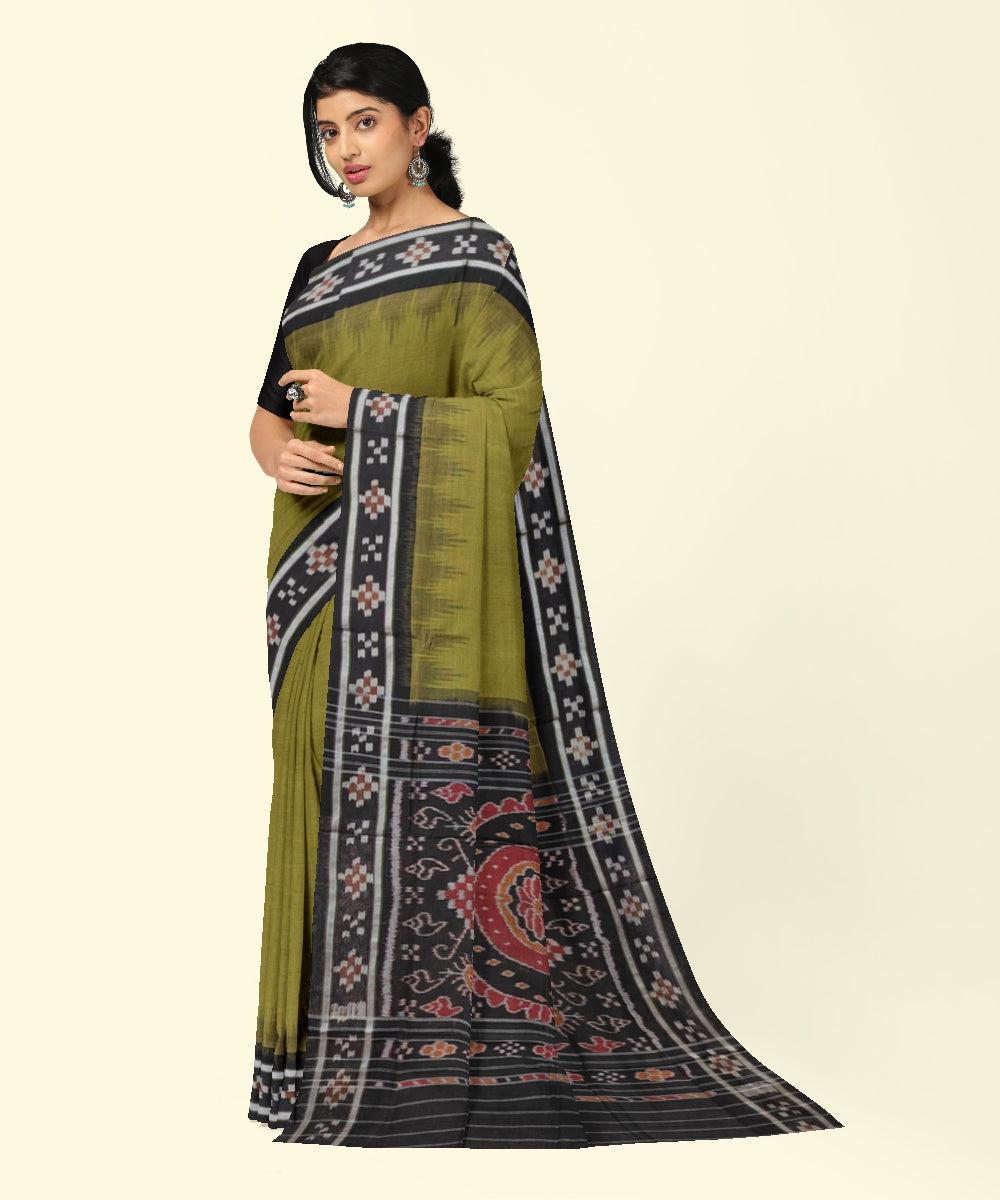 Olive green black cotton handwoven nuapatna saree