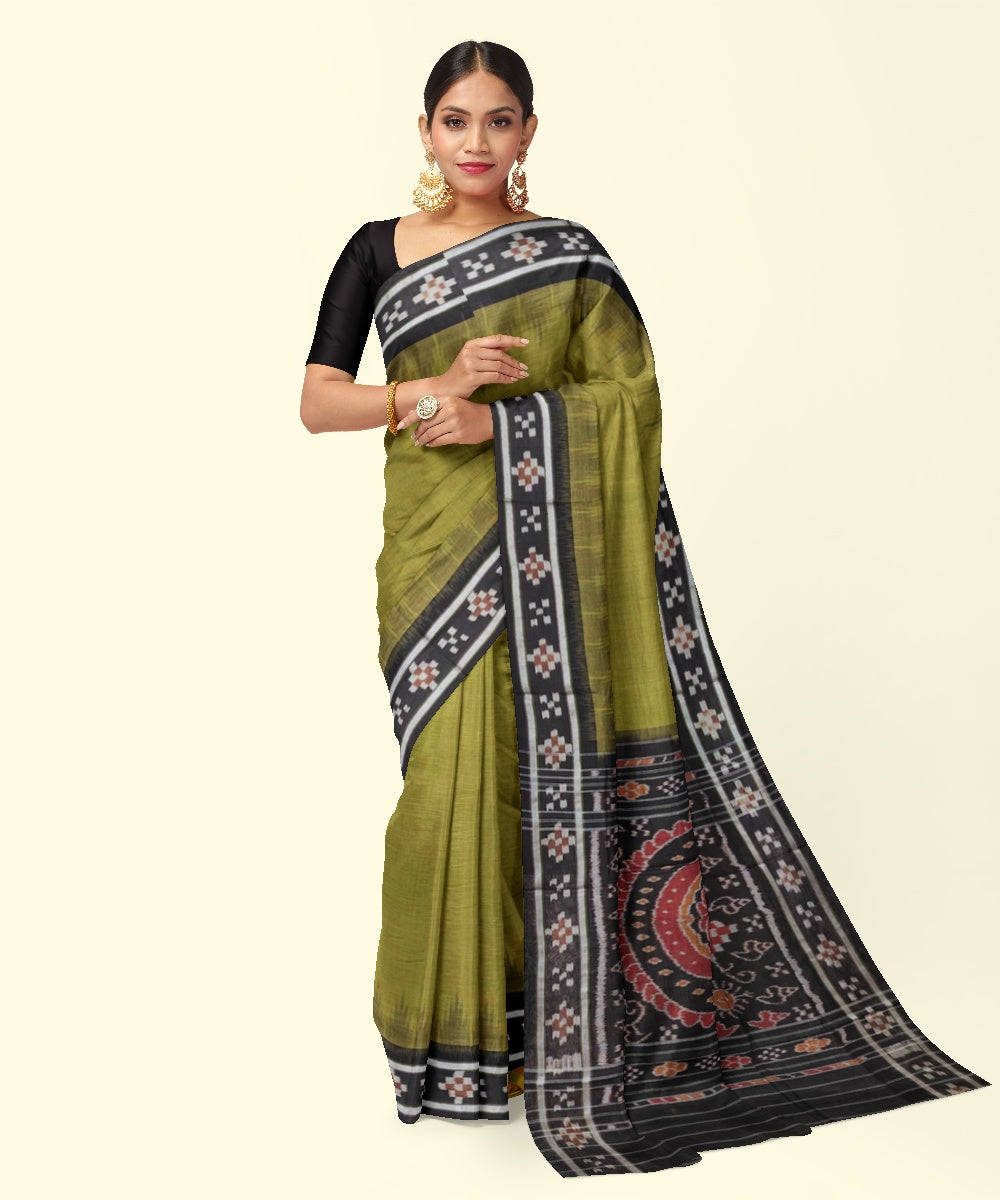 Olive green black cotton handwoven nuapatna saree