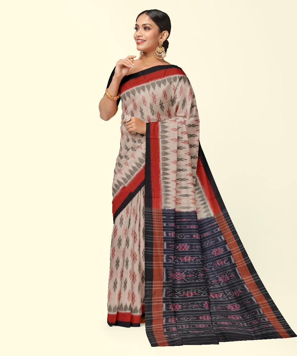 Beige black cotton handwoven nuapatna saree
