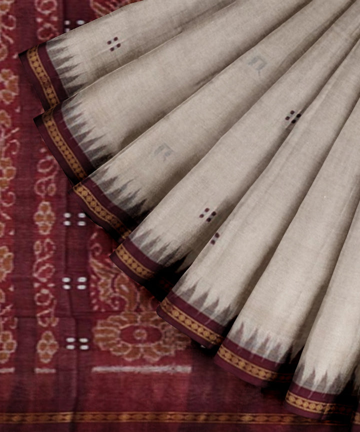 Beige maroon cotton handwoven nuapatna saree