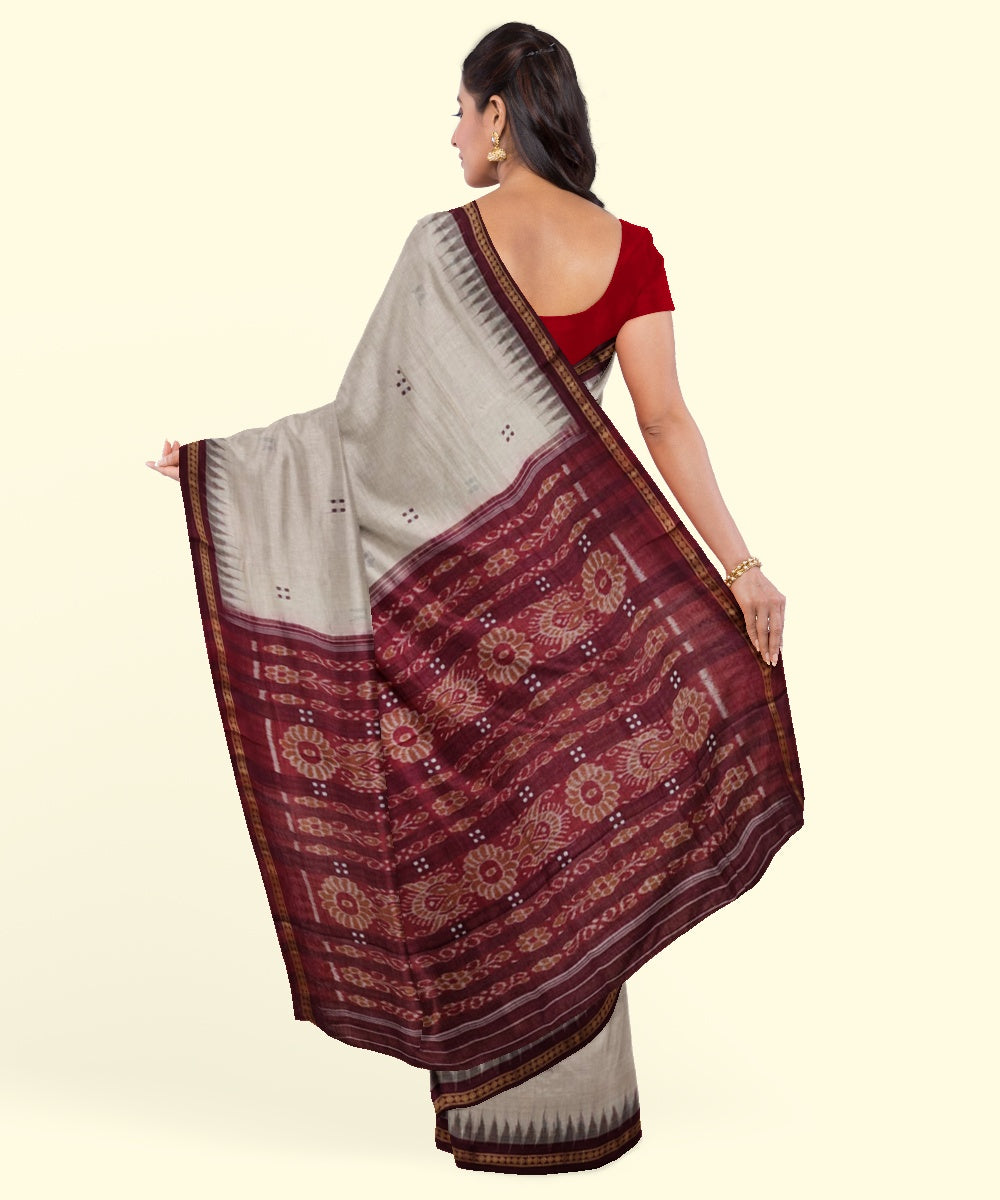 Beige maroon cotton handwoven nuapatna saree