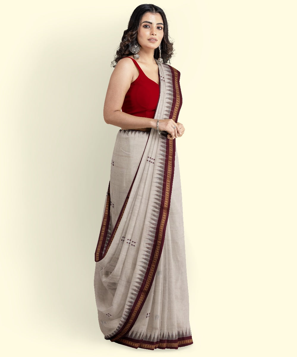 Beige maroon cotton handwoven nuapatna saree