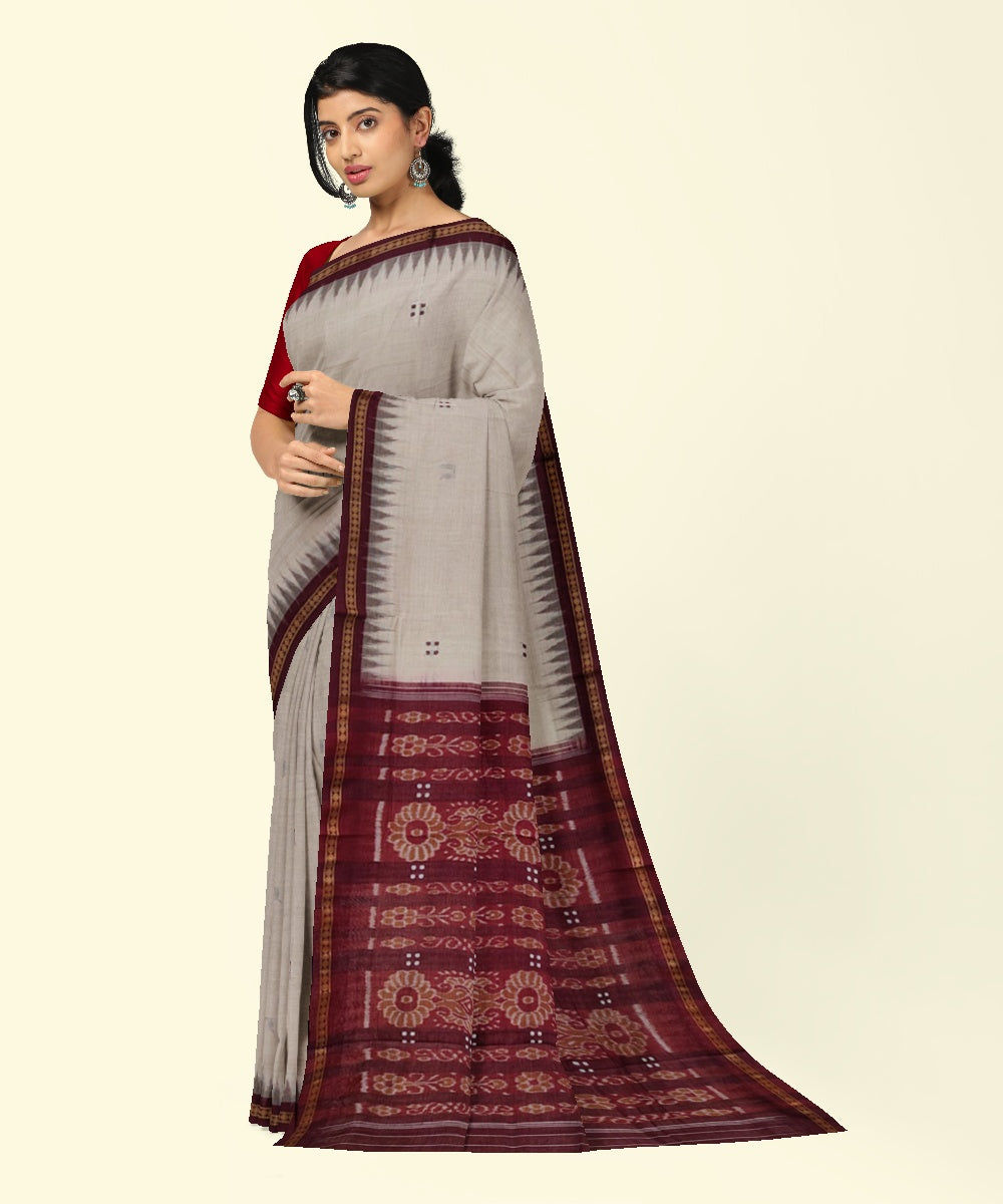 Beige maroon cotton handwoven nuapatna saree