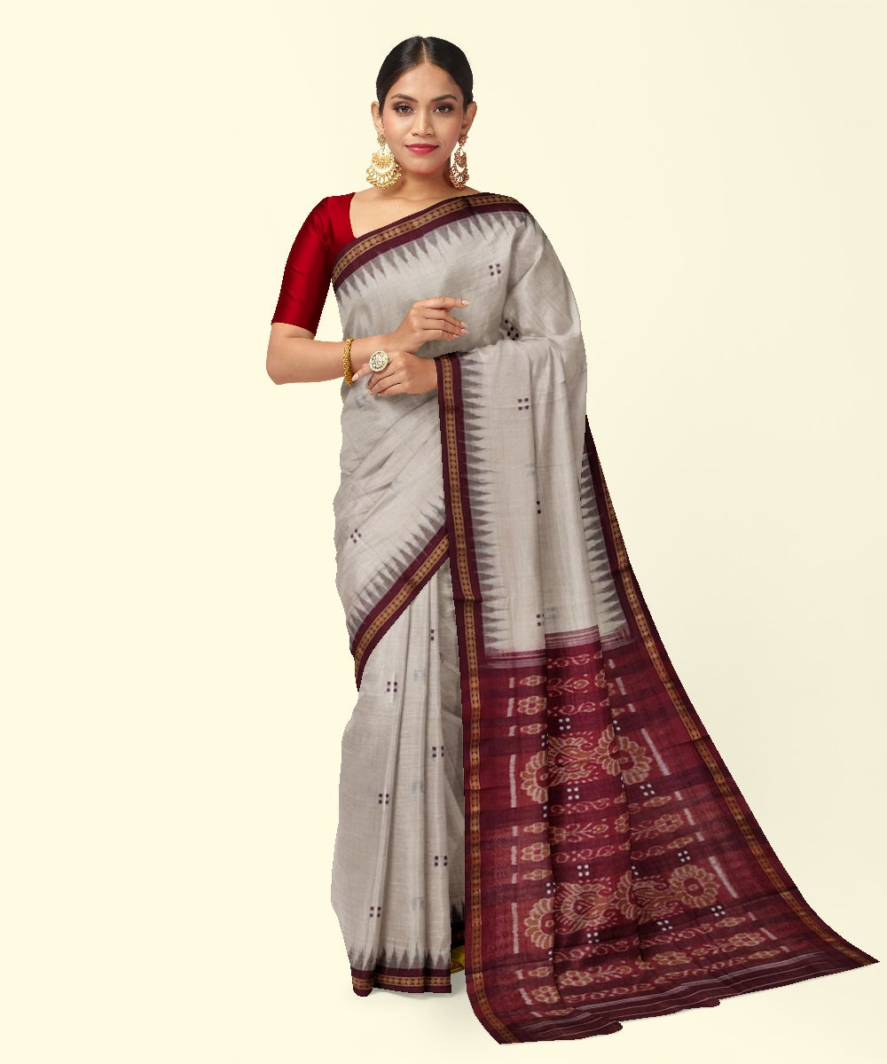 Beige maroon cotton handwoven nuapatna saree