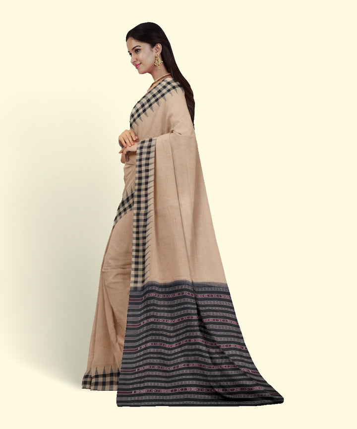Beige black cotton handwoven sambalpuri saree
