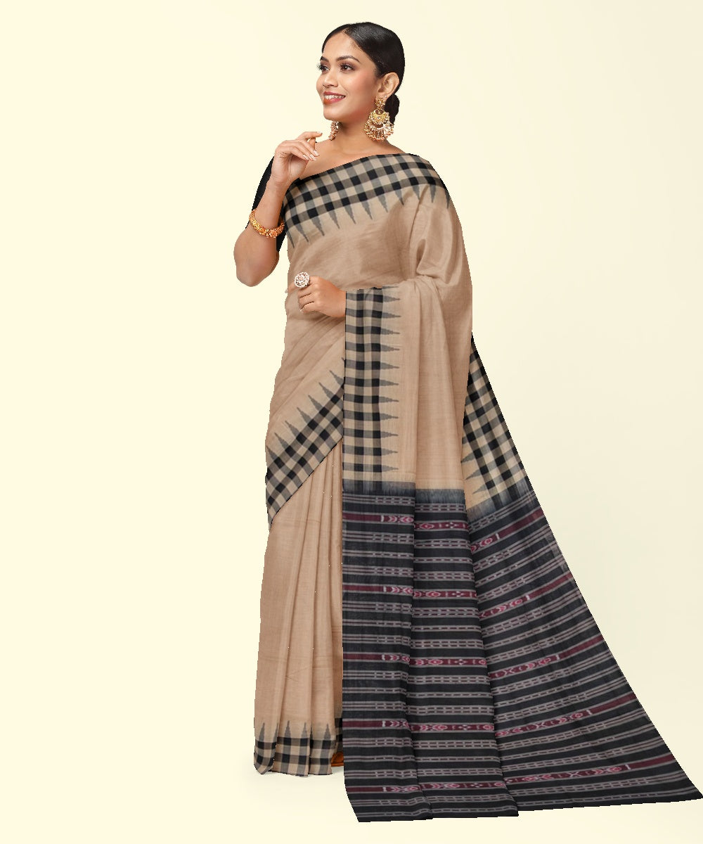 Beige black cotton handwoven sambalpuri saree