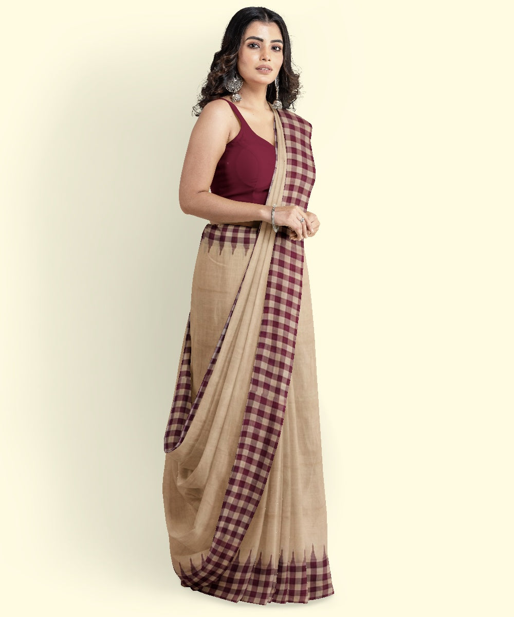 Beige maroon cotton handwoven sambalpuri saree